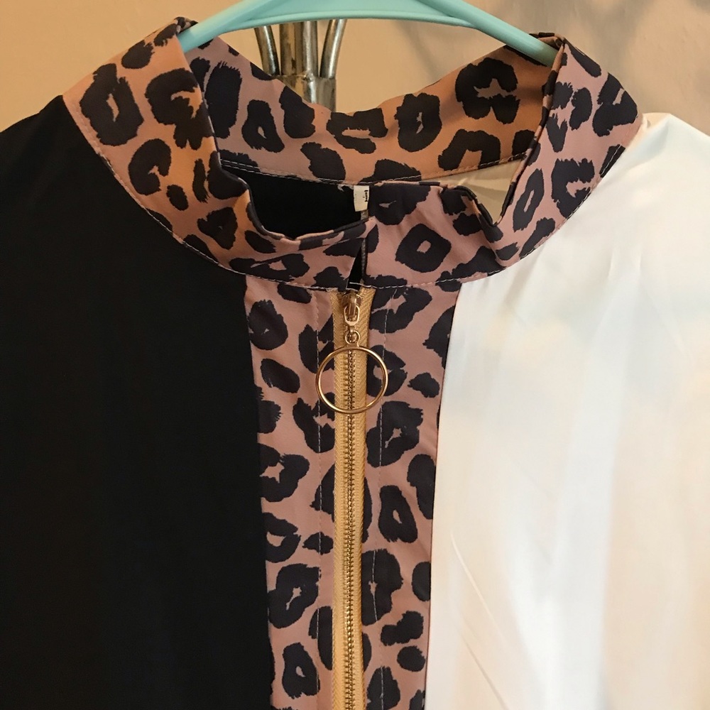 Black & White Color-Block Zip Up Windbreaker W/Leopard Print Accents